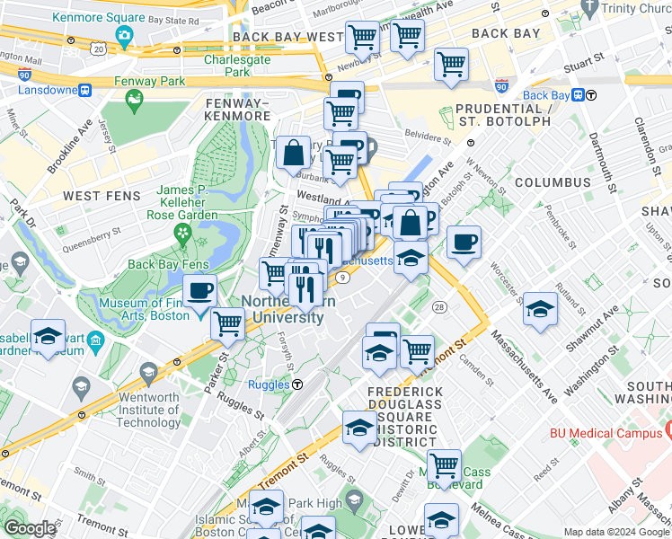 map of restaurants, bars, coffee shops, grocery stores, and more near 360 Huntington Avenue in Boston