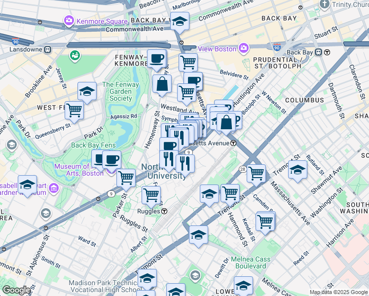 map of restaurants, bars, coffee shops, grocery stores, and more near 360 Huntington Avenue in Boston