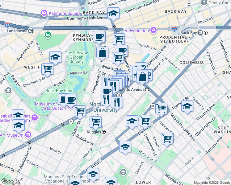 map of restaurants, bars, coffee shops, grocery stores, and more near 360 Huntington Avenue in Boston
