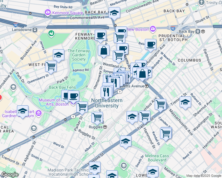 map of restaurants, bars, coffee shops, grocery stores, and more near 360 Huntington Avenue in Boston
