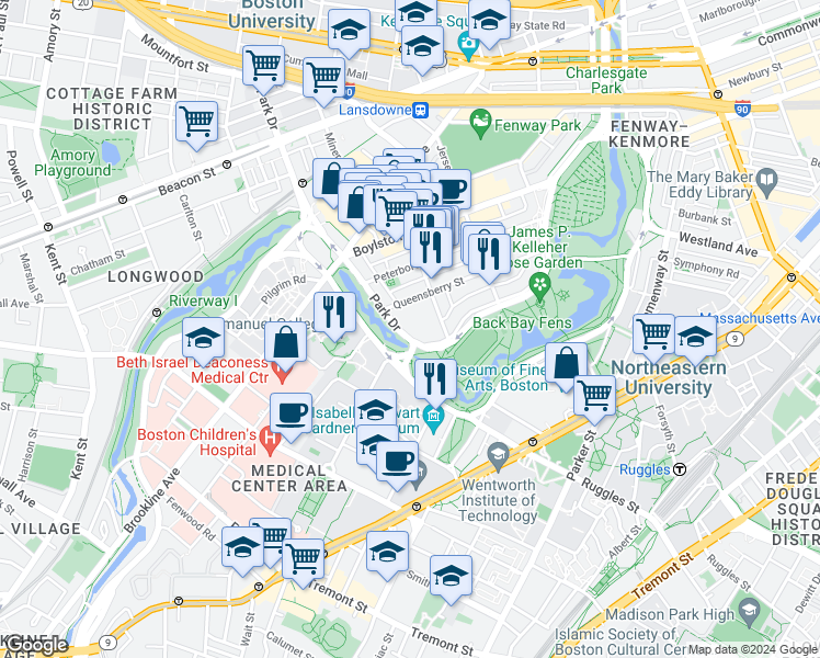 map of restaurants, bars, coffee shops, grocery stores, and more near 310 Fenway in Boston