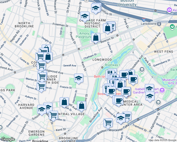 map of restaurants, bars, coffee shops, grocery stores, and more near in Brookline