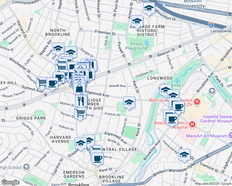map of restaurants, bars, coffee shops, grocery stores, and more near 89 Longwood Avenue in Brookline