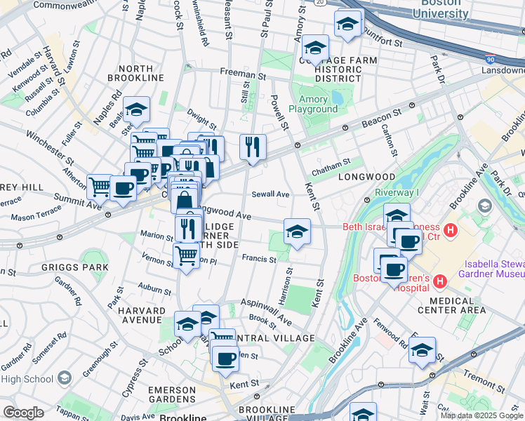 map of restaurants, bars, coffee shops, grocery stores, and more near 89 Longwood Avenue in Brookline