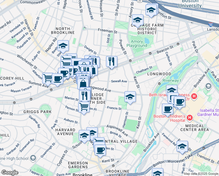 map of restaurants, bars, coffee shops, grocery stores, and more near 89 Longwood Avenue in Brookline
