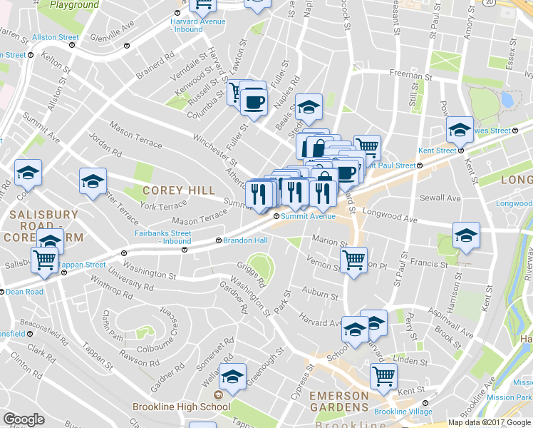 map of restaurants, bars, coffee shops, grocery stores, and more near 89 Marion Street in Brookline