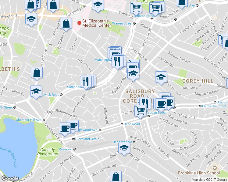 map of restaurants, bars, coffee shops, grocery stores, and more near 11 Cummings Road in Boston