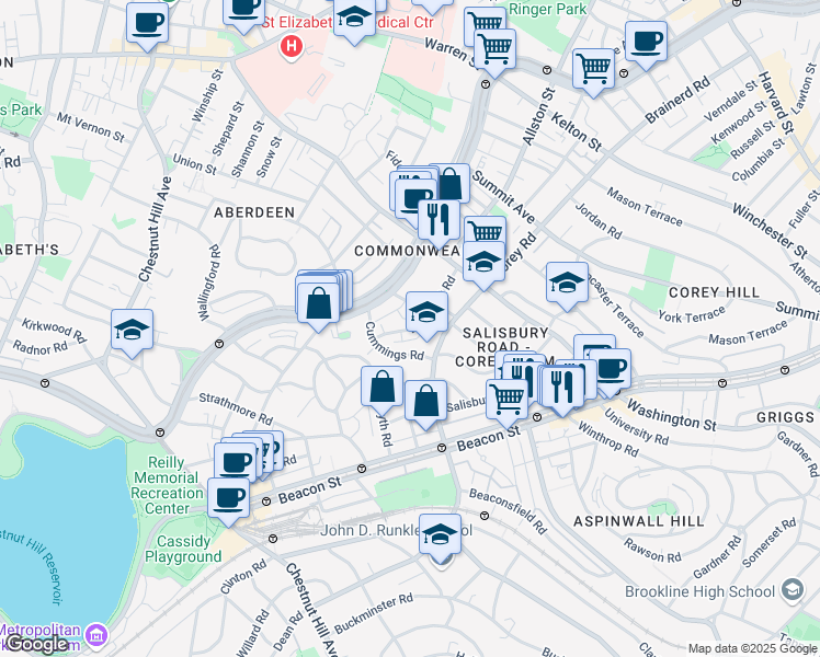 map of restaurants, bars, coffee shops, grocery stores, and more near 11 Cummings Road in Boston