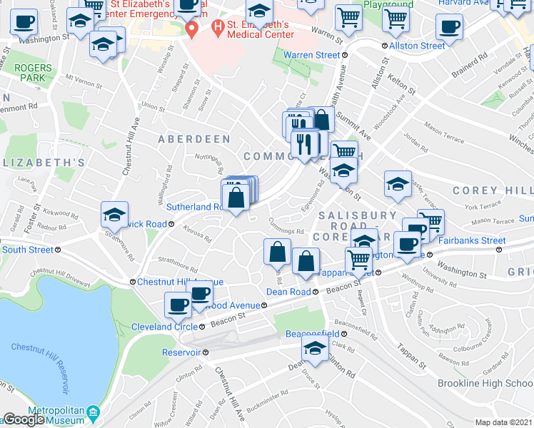 map of restaurants, bars, coffee shops, grocery stores, and more near 36 Cummings Road in Boston