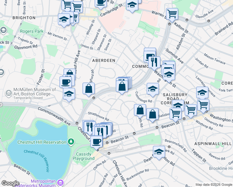 map of restaurants, bars, coffee shops, grocery stores, and more near 98 Lanark Road in Boston