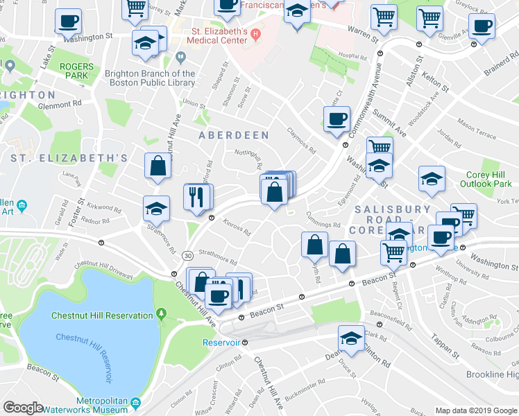 map of restaurants, bars, coffee shops, grocery stores, and more near 132 Sutherland Road in Boston
