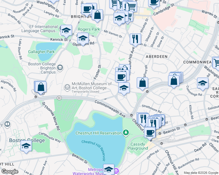 map of restaurants, bars, coffee shops, grocery stores, and more near 49 Radnor Road in Boston