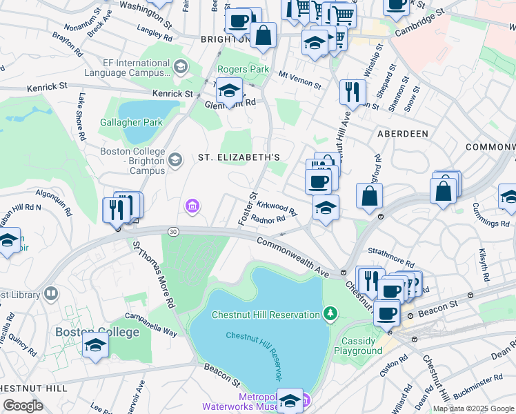 map of restaurants, bars, coffee shops, grocery stores, and more near 15 Radnor Road in Boston