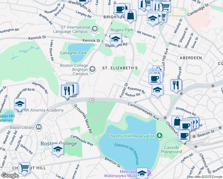 map of restaurants, bars, coffee shops, grocery stores, and more near 5 Greycliff Road in Boston