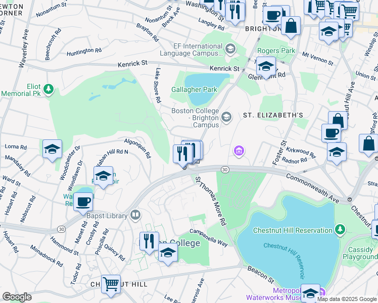 map of restaurants, bars, coffee shops, grocery stores, and more near 7 Commonwealth Avenue in Newton