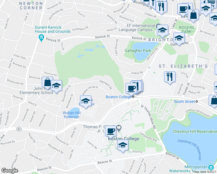 map of restaurants, bars, coffee shops, grocery stores, and more near 33 Waban Hill Road North in Newton
