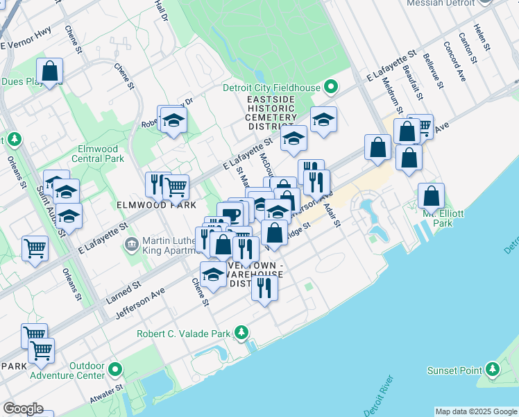 map of restaurants, bars, coffee shops, grocery stores, and more near 2941 East Jefferson Avenue in Detroit