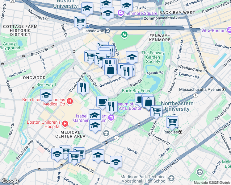 map of restaurants, bars, coffee shops, grocery stores, and more near 151 Park Drive in Boston