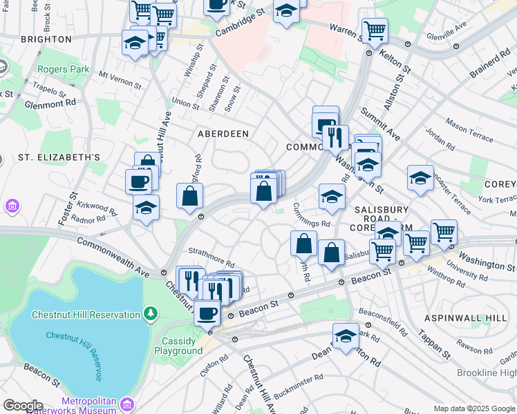 map of restaurants, bars, coffee shops, grocery stores, and more near 1706 Commonwealth Avenue in Boston