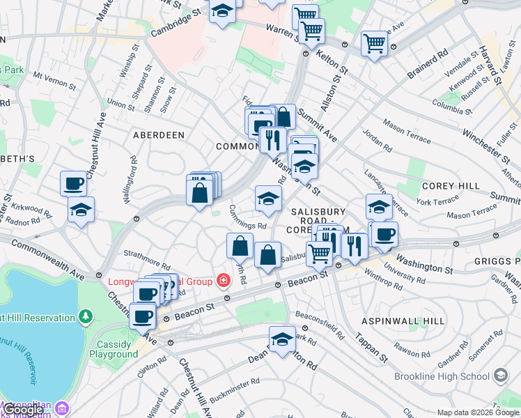 map of restaurants, bars, coffee shops, grocery stores, and more near 11 Cummings Road in Boston