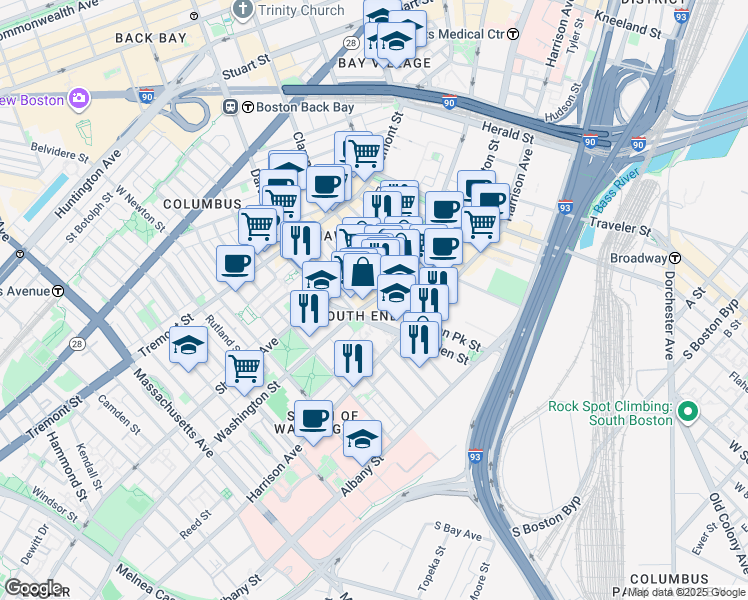 map of restaurants, bars, coffee shops, grocery stores, and more near 1405 Washington Street in Boston