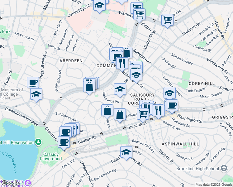 map of restaurants, bars, coffee shops, grocery stores, and more near 11 Cummings Road in Boston