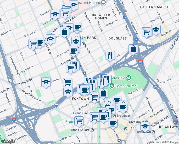 map of restaurants, bars, coffee shops, grocery stores, and more near 63 Winder Street in Detroit