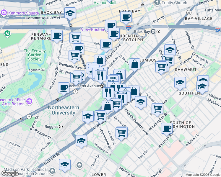 map of restaurants, bars, coffee shops, grocery stores, and more near 418 Massachusetts Avenue in Boston