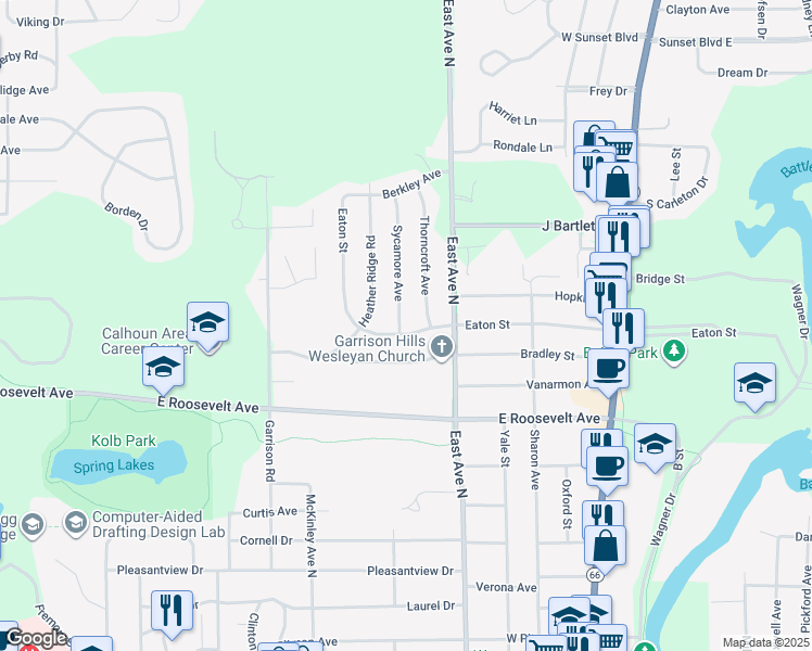 map of restaurants, bars, coffee shops, grocery stores, and more near 214 Bradley Street in Battle Creek