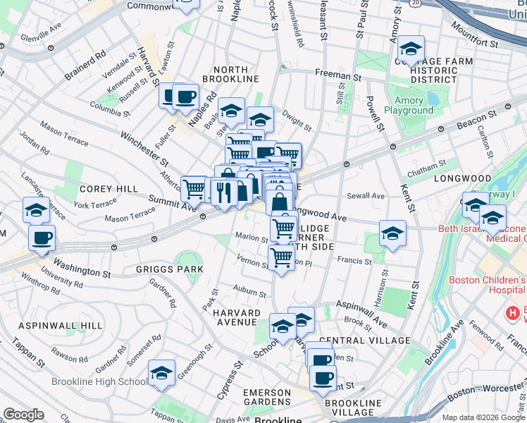 map of restaurants, bars, coffee shops, grocery stores, and more near in Brookline