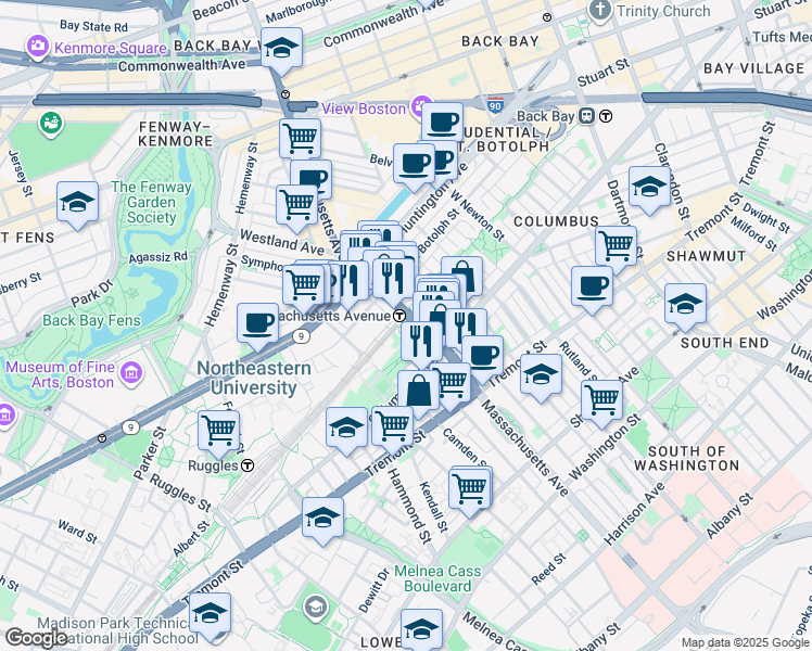 map of restaurants, bars, coffee shops, grocery stores, and more near 396 Northampton Street in Boston