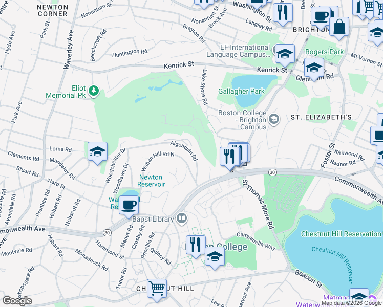 map of restaurants, bars, coffee shops, grocery stores, and more near 33 Waban Hill Road North in Newton