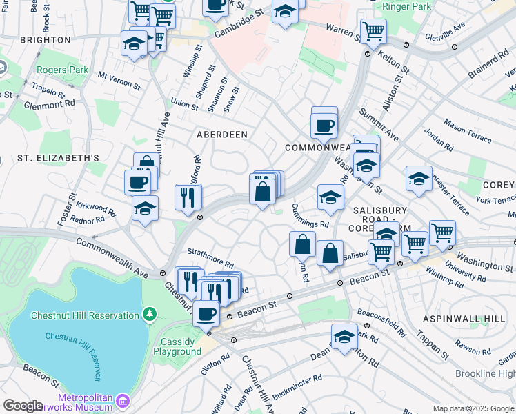 map of restaurants, bars, coffee shops, grocery stores, and more near 1706 Commonwealth Avenue in Boston