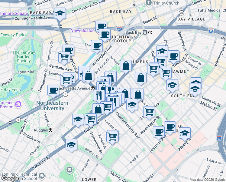 map of restaurants, bars, coffee shops, grocery stores, and more near 212 West Springfield Street in Boston