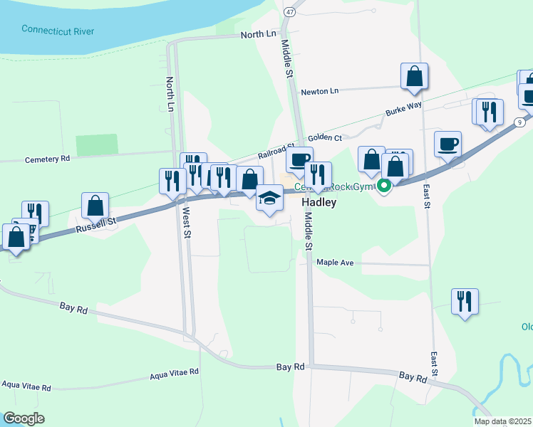 map of restaurants, bars, coffee shops, grocery stores, and more near 131 Russell Street in Hadley