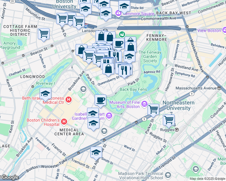 map of restaurants, bars, coffee shops, grocery stores, and more near 58 Queensberry Street in Boston