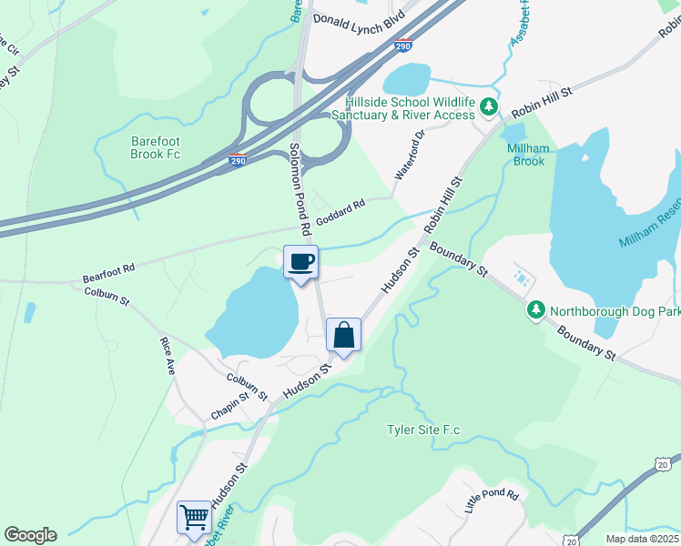 map of restaurants, bars, coffee shops, grocery stores, and more near 6 Goddard Road in Northborough