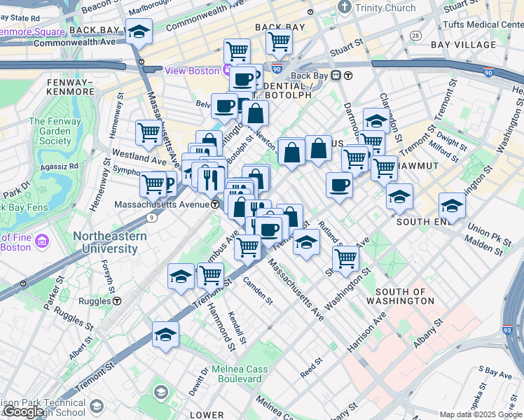 map of restaurants, bars, coffee shops, grocery stores, and more near 525 A Columbus Avenue in Boston