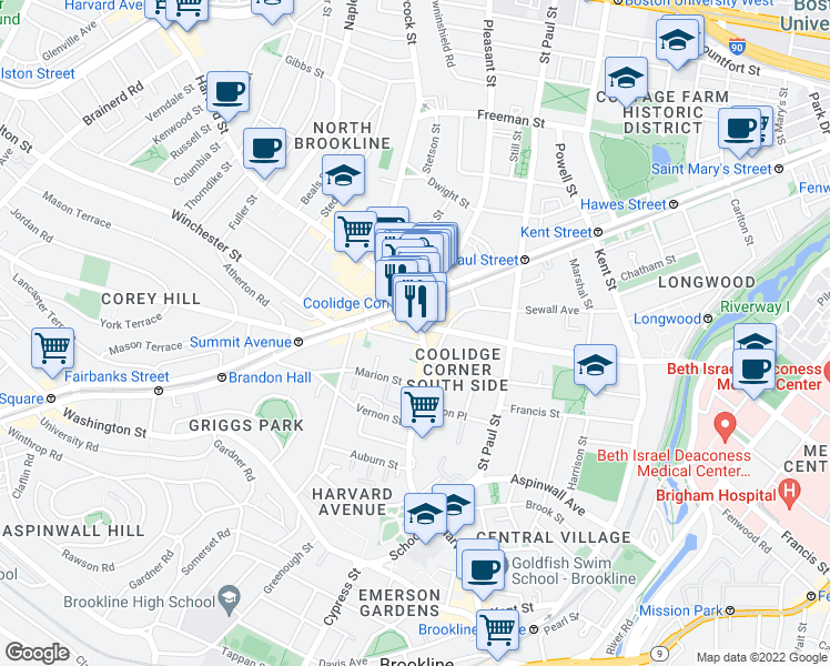 map of restaurants, bars, coffee shops, grocery stores, and more near 242 Harvard Street in Brookline