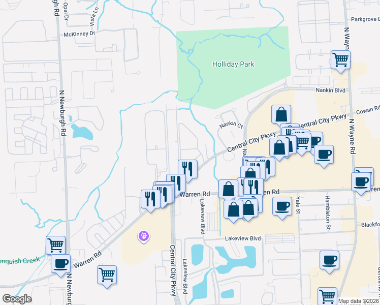 map of restaurants, bars, coffee shops, grocery stores, and more near 7513 Woodview Street in Westland