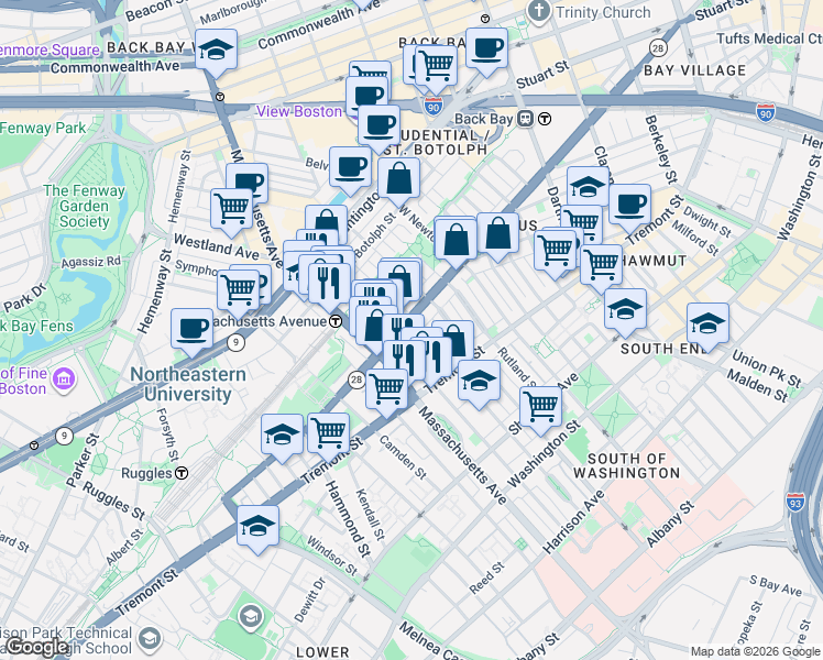map of restaurants, bars, coffee shops, grocery stores, and more near 525 A Columbus Avenue in Boston