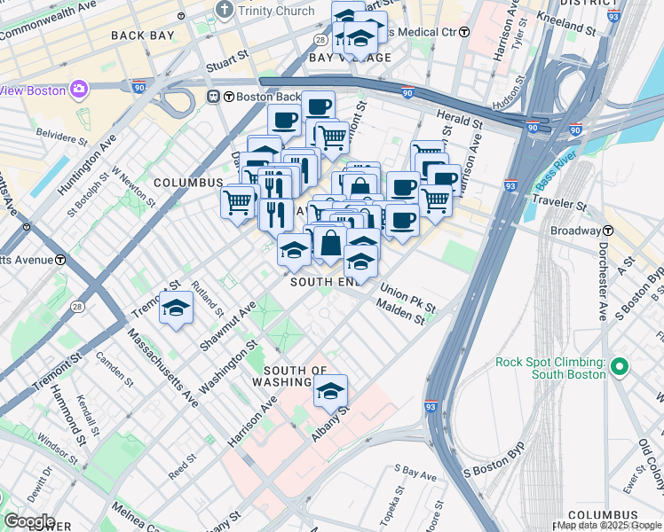 map of restaurants, bars, coffee shops, grocery stores, and more near 1405 Washington Street in Boston