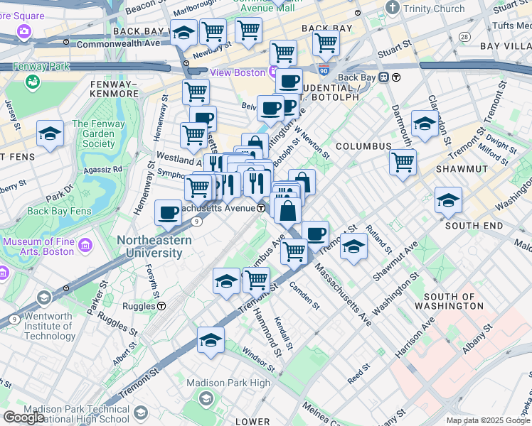 map of restaurants, bars, coffee shops, grocery stores, and more near 352 Massachusetts Avenue in Boston