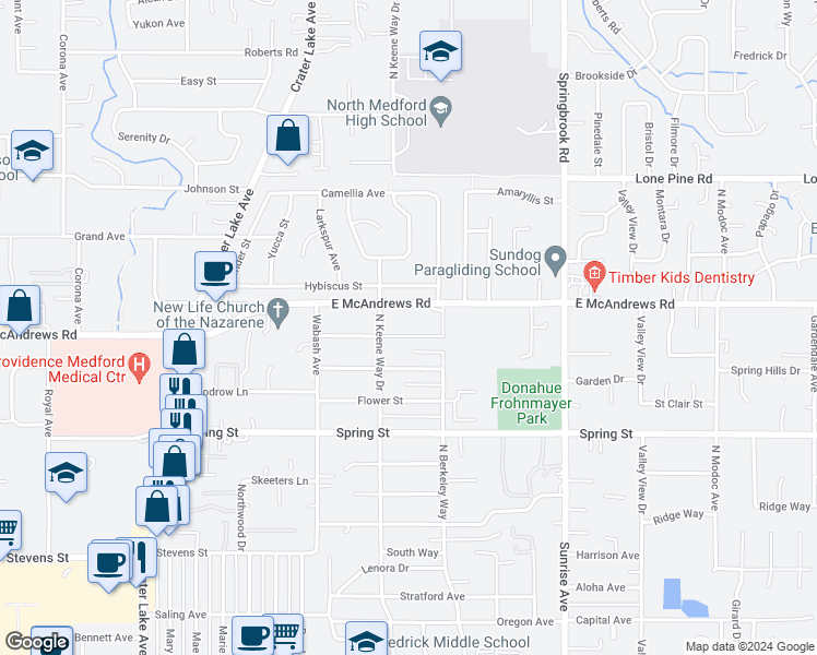 map of restaurants, bars, coffee shops, grocery stores, and more near 2259 College Way in Medford