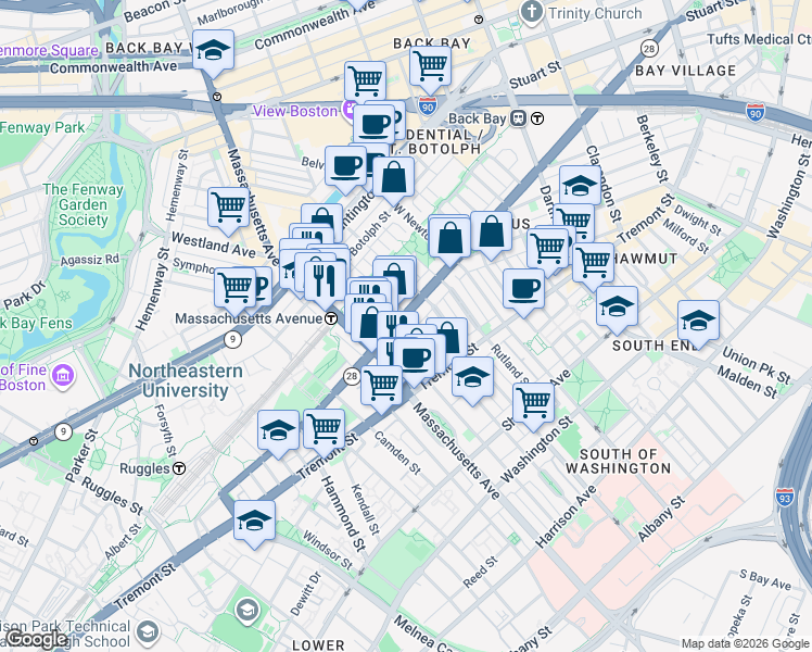 map of restaurants, bars, coffee shops, grocery stores, and more near 525 A Columbus Avenue in Boston