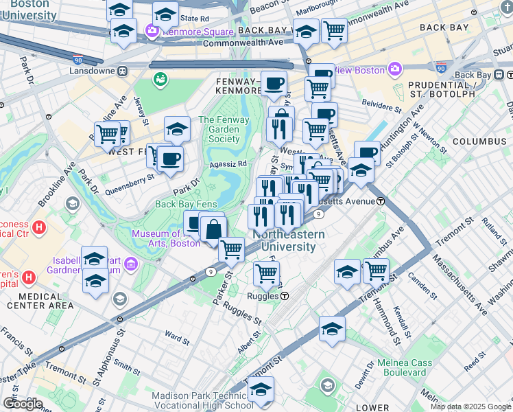 map of restaurants, bars, coffee shops, grocery stores, and more near 171 Hemenway Street in Boston
