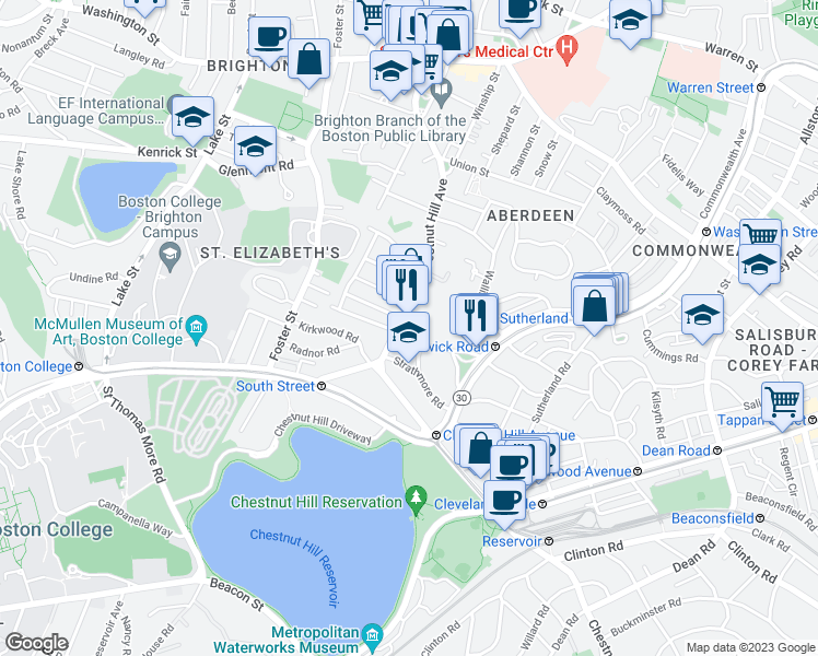 map of restaurants, bars, coffee shops, grocery stores, and more near 150 Chestnut Hill Avenue in Boston