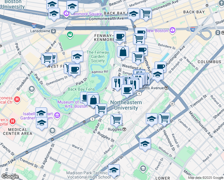 map of restaurants, bars, coffee shops, grocery stores, and more near 143 Hemenway Street in Boston