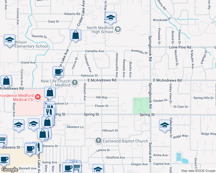 map of restaurants, bars, coffee shops, grocery stores, and more near 2050 Hybiscus Street in Medford