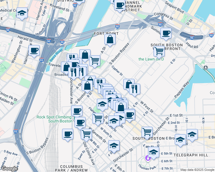 map of restaurants, bars, coffee shops, grocery stores, and more near 154 West 2nd Street in Boston